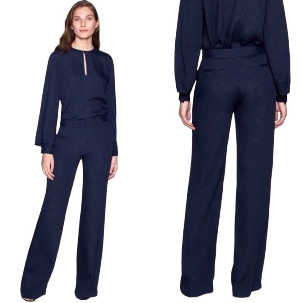 Equipment Arwen Floral Jacquard Navy Blue Wide Leg Trousers Pants Nwt High Rise